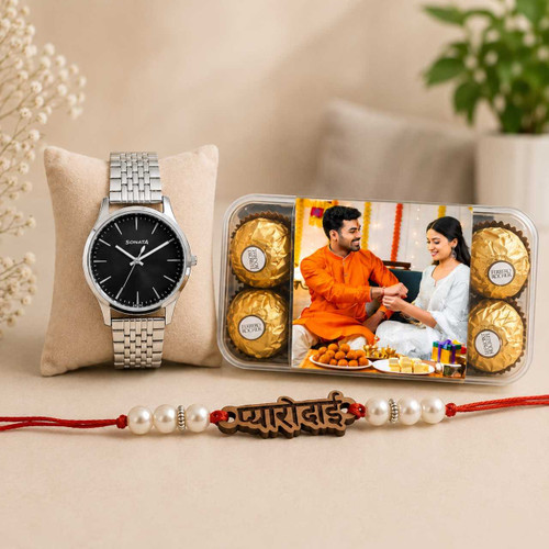 Personalized Chocolate Box With Rakhi & Watch Gift Set DKG-1561