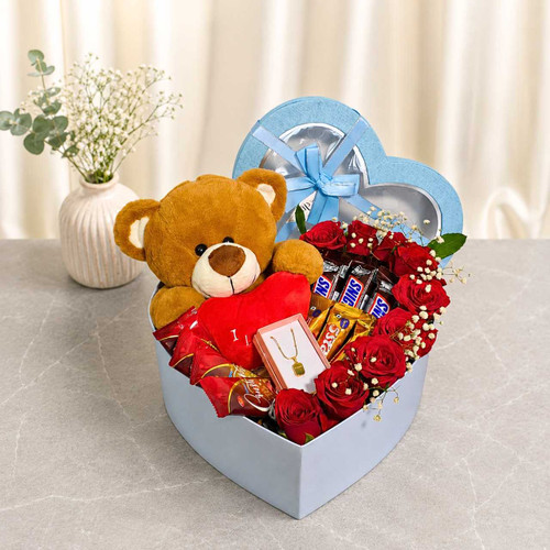 Teddy with Roses & Chocolates Gift Box for Her JNK-7682