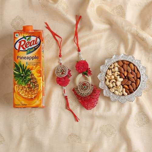 Bhaiya Bhabhi Rakhi Gift Combo with Dry Nuts & Real Juice