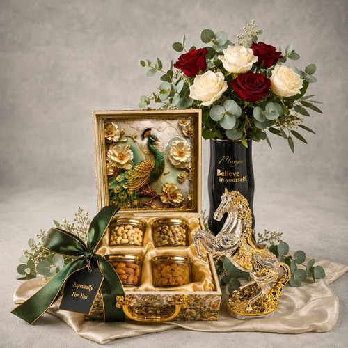 Golden Peacock Dry Nuts Box & Horse Showpiece Set