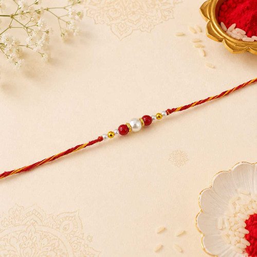 Red Beads Rakhi with Pearl & Golden Accents RK-22