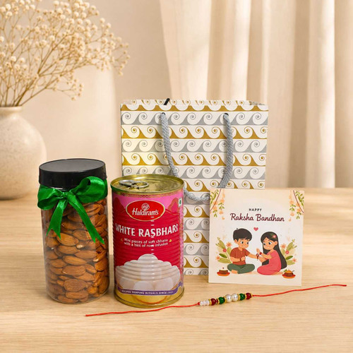 Handmade Pearl Rakhi With Sweets & Dry Nuts Hamper SK-3390