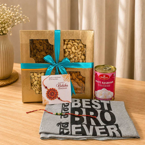 Green Crystal Rakhi & Dry Nuts with Brother T-Shirt Hamper SK-3391