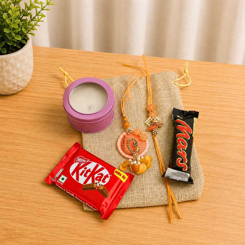 Rakhi Set with Chocolate & Candle Gift Pouch SK-3392