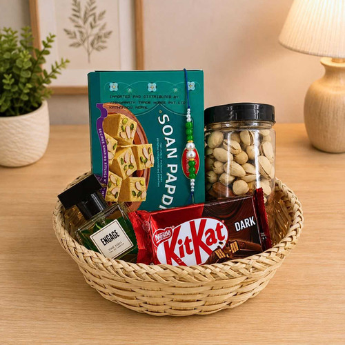 Classic Pearl Rakhi with Perfume & Dry Nuts Hamper SK-3396