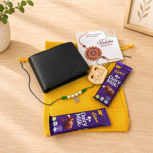 Om Rakhi with Wallet & Wooden Keyring Gift Pouch SK-3406