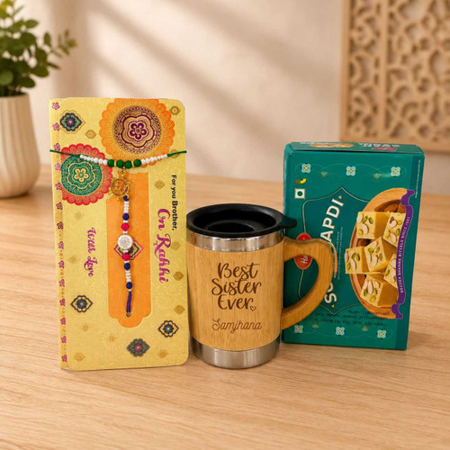 Best Sister Ever Bamboo Mug, Sweets & Rakhi Set Gift SK-3408