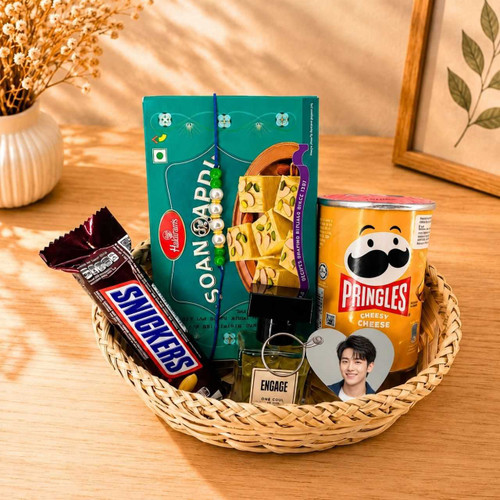 Personalized Keyring, Rakhi & Snacks Treat Basket SK-3415