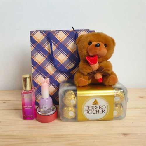 Ferreo Rocher Gift Combo with Teddy Keychain Gift Bag for Her JNK-7742