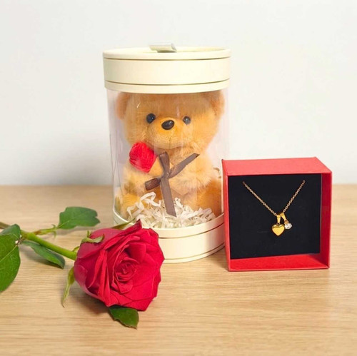 Heart Necklace with Teddy Bear Rose Gift Box