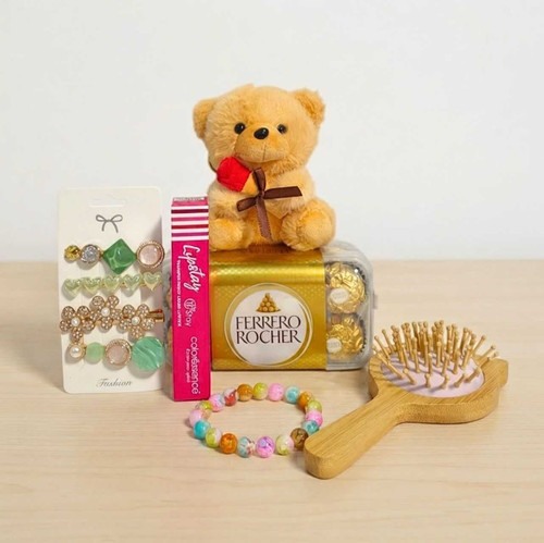 Teddy Keychain, Accessories & Chocolates Gift for Her JNK-7744