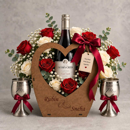 Personalized Flower Basket with Wine & Silver Glass Clebration Set