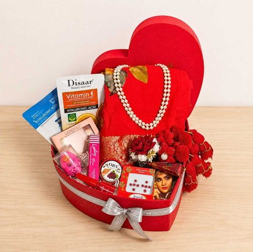 Traditional Red Saree & Makeup Gift Box JNK-7748