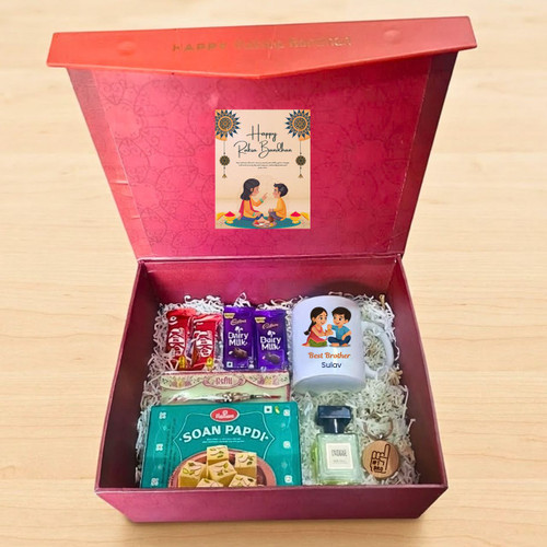 Rakhi Gift Combo with Personalized Mug, Perfume & Chocolates for Brother JNK-7758