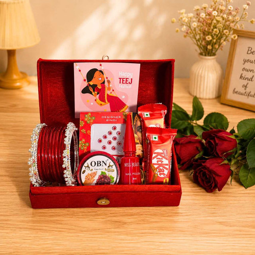 Teej Gift Box with Bangles, Bindi, Nail Polish & Chocolates JNK-7768