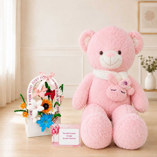 Teddy Bear, Colorful Fuzzy Flowers in Basket Gift Hamper SK-3432