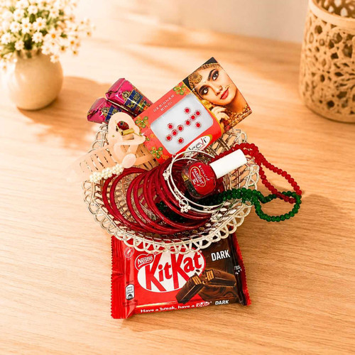 Teej Gift Combo with Red Bangles, Mehendi & Bindi Tika JNK-7770