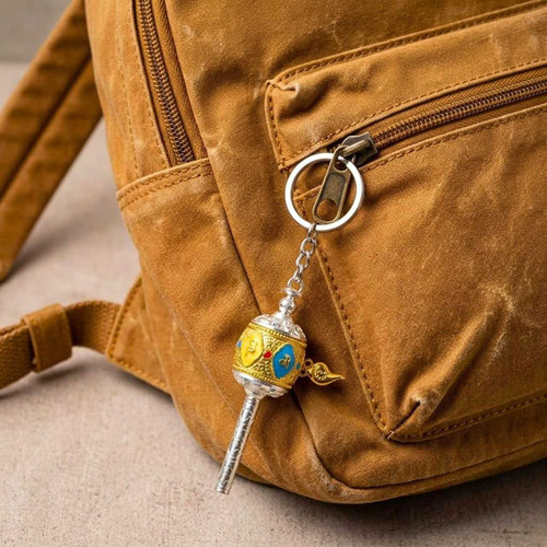 Golden & Silver Buddhist Prayer Wheel Keyring & Bag Charm KH-36
