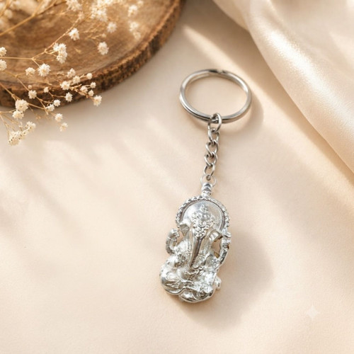 Lord Ganesha Divine Metal Keychain in Silver Color