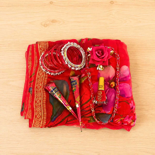 Red Chiffon Saree with Accessories Gift for Her JNK-7794