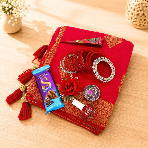 Red Dola Silk Saree Gift Set with Chocolate & Festive Accessories JNK-7796