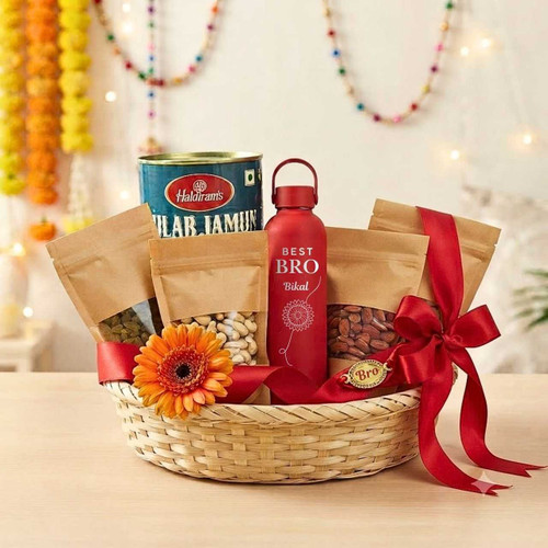 Sweet & Special Rakhi Gift Hamper for Brother With Custom Bottle SK-3493