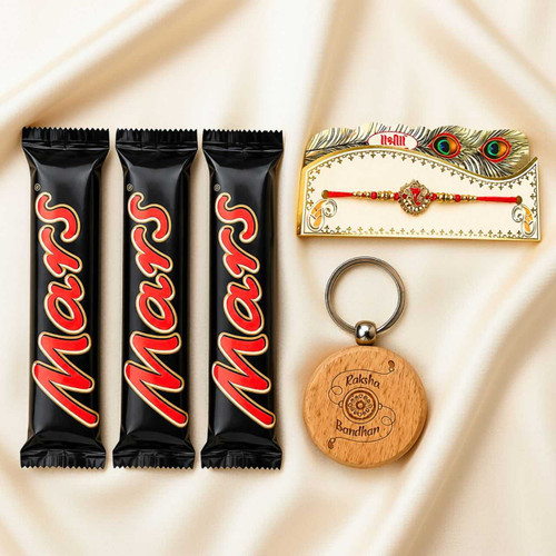 Wooden Keyring, Rakhi & Chocolate Gift Set DKG-1646