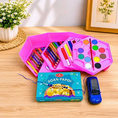 Kids’ Painting Box & Traditional Rakhi Gift With Sweets SK-3497
