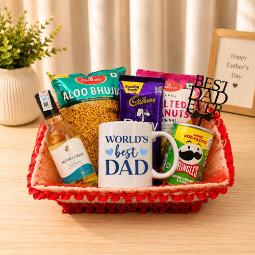 Dad Gift Basket with White wine 187ml, Snacks & Mug