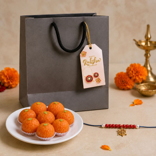 Motichoor Laddu , Rakhi & Tag Gift Set DKG-1667