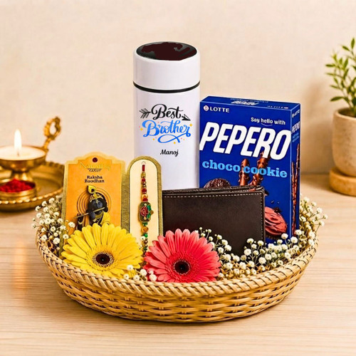 Rakhi Gift Combo for Brother with Personalized Bottle, Wallet, Pepero & Flowers