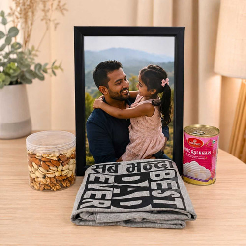 Dad Gift Combo with Personalized Photo Frame, T-Shirt, Dry Nuts & Rasbhari Sweets JNK-7848