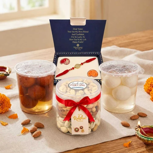 Rakhi, Sweets, Drynuts & Tag Gift Set DKG-1671