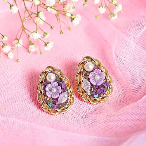 Elegant Purple Teardrop Floral Earrings JR-508
