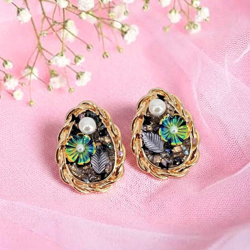 Metallic Floral Teardrop Pearl Earrings JR-510