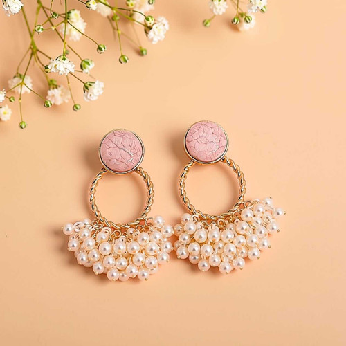 Pink Marble Stone & Pearl Drop Earrings JR-544