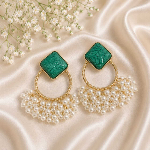 Evara Green Square Stone and Pearl Drop Earrings JR-552