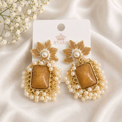 Brown Rectangular Stone Lotus and Pearl Drop Earrings JR-540