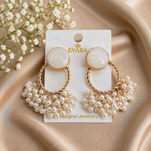 White Marble Stone & Pearl Drop Earrings JR-558