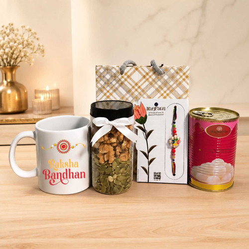 Rakhi, Sweets, Nuts & Mug Gift Set DKG-1696