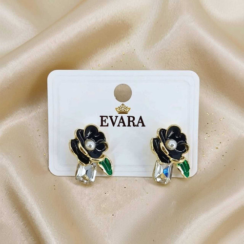 Black Floral Design Pearl & Crystal Stud Earrings JR-533