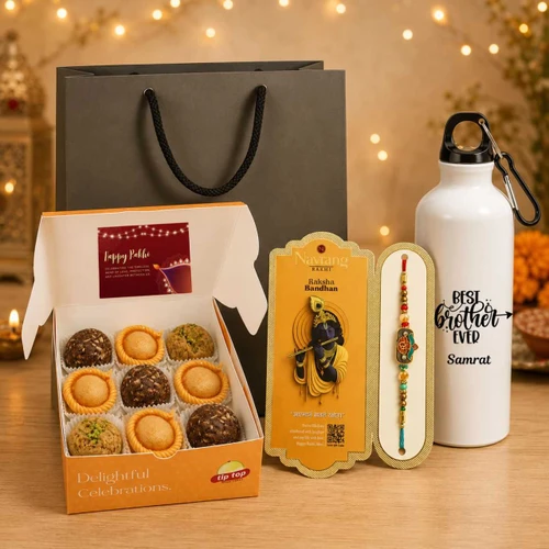 Krishna Theme Card With Rakhi & Sweets Gift Set DKG-1709