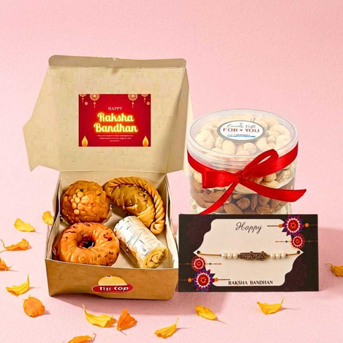 प्यारो भाई- Engraved Rakhi, Sweets & Drynuts Gift Set DKG-1720