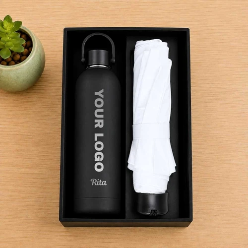 Black Matte Bottle With Umbrella Gift Set DKG-1725
