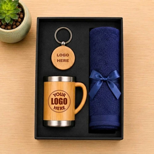 Towel, Bamboo Mug & Wooden Keyring Gift Set DKG-1728