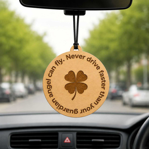 Guardian Angel & Four-Leaf Clover Wooden Car Charm WCC-5