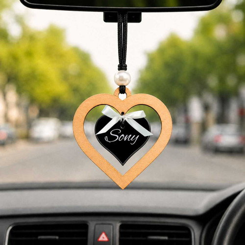Personalized Double Heart Wooden Car Hanging Charm WP-83