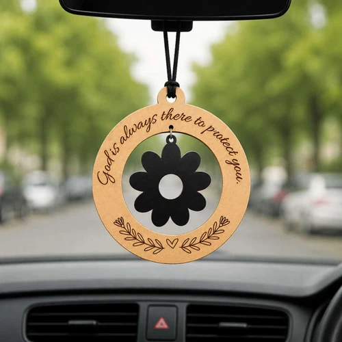 God Is Always There Engraved On Wooden Car Charm WP-87