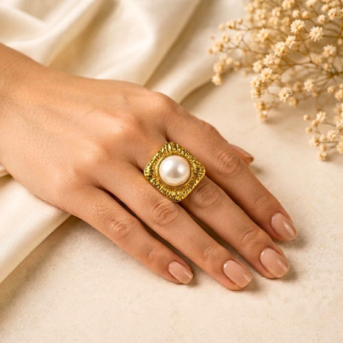 Chunky Square Pearl Statement Ring
