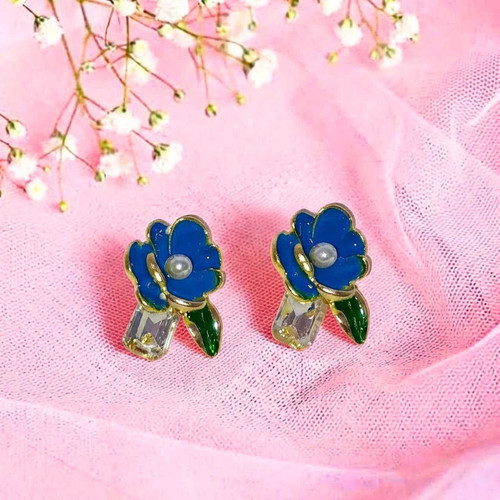 Blue Enamel Flower & Crystal Studs Earring JR-532